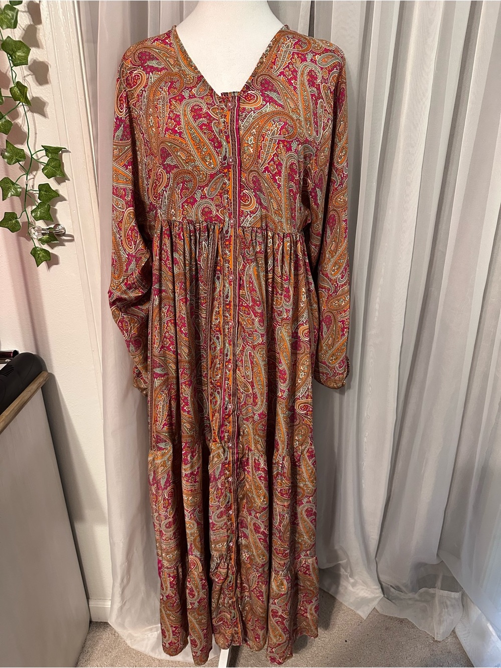 Kathmandu Paisley Pink and Orange Boho Polysilk Button Down Maxi Dress One Size